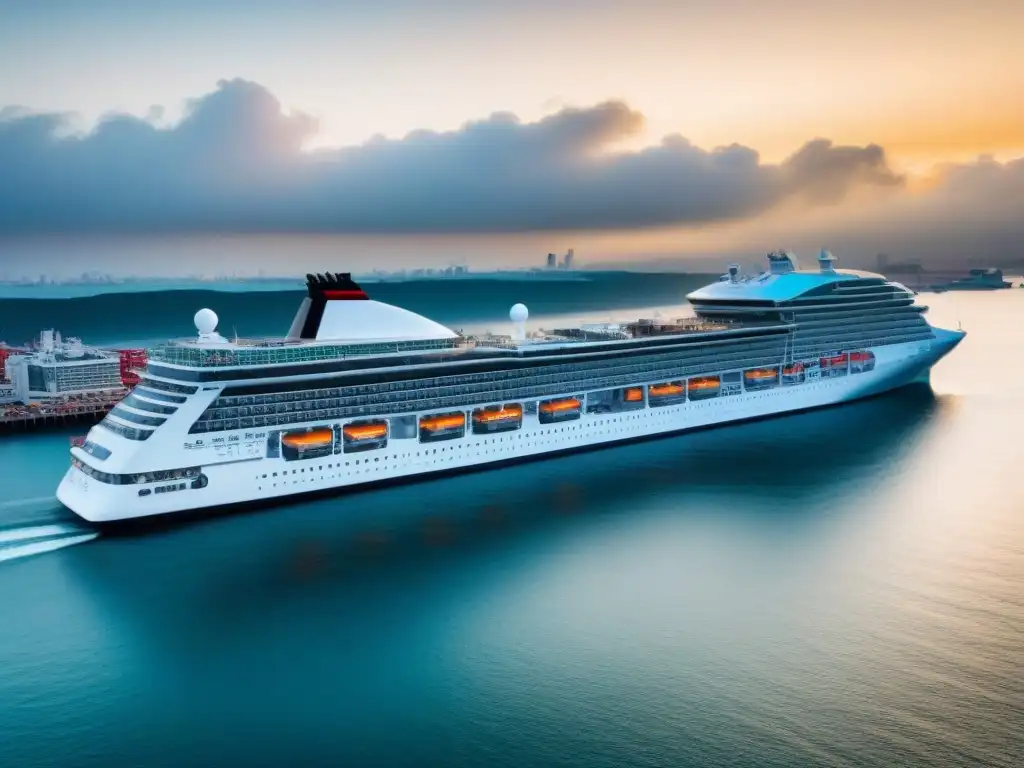 Un puerto bullicioso con lujosos cruceros al atardecer, reflejando la industria de cruceros turísticos