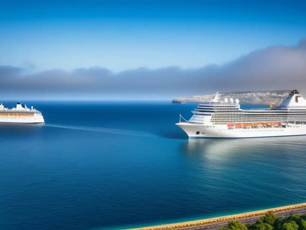 Un puerto bullicioso con lujosos cruceros bajo un cielo azul