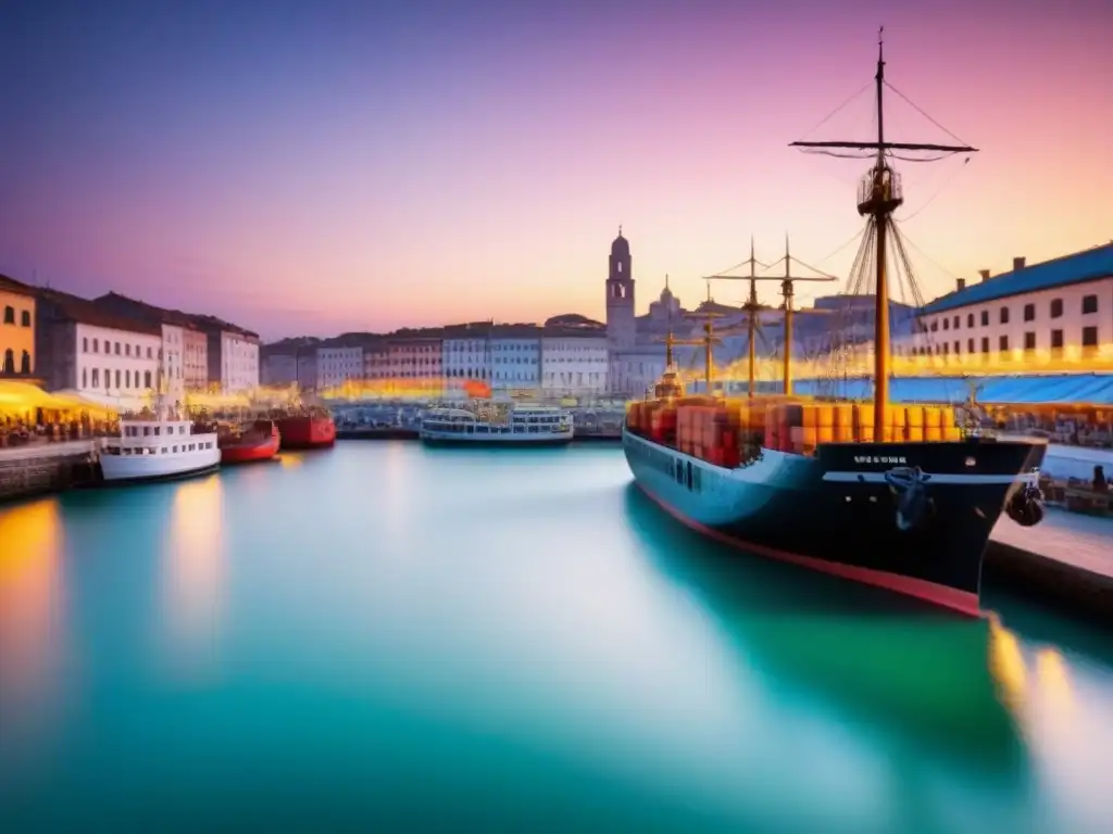 Un puerto bullicioso de un sitio de Patrimonio Mundial de la UNESCO, con barcos cargados de colorida mercancía y arquitectura histórica al atardecer