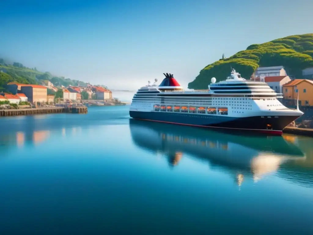 Un puerto costero sereno con un crucero elegante, reflejado en aguas tranquilas