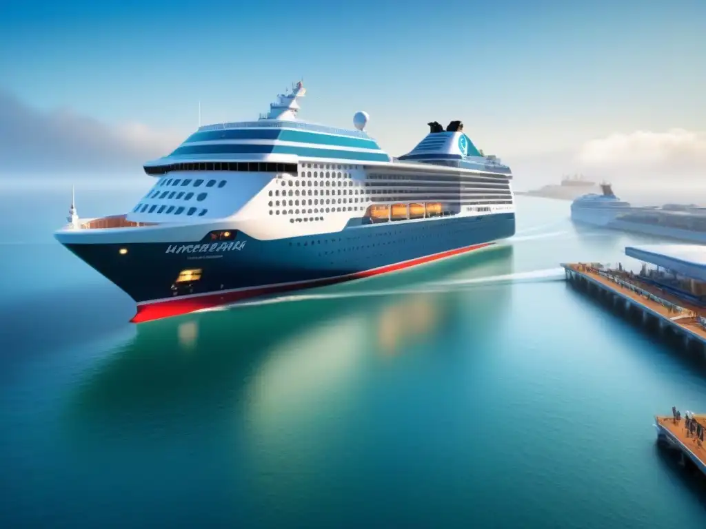 Un puerto de crucero futurista con diseño innovador y eficiente, junto a un crucero de lujo