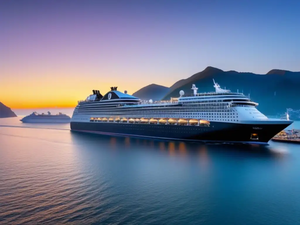 Puerto de cruceros al amanecer con barcos cargando pasajeros y mercancía