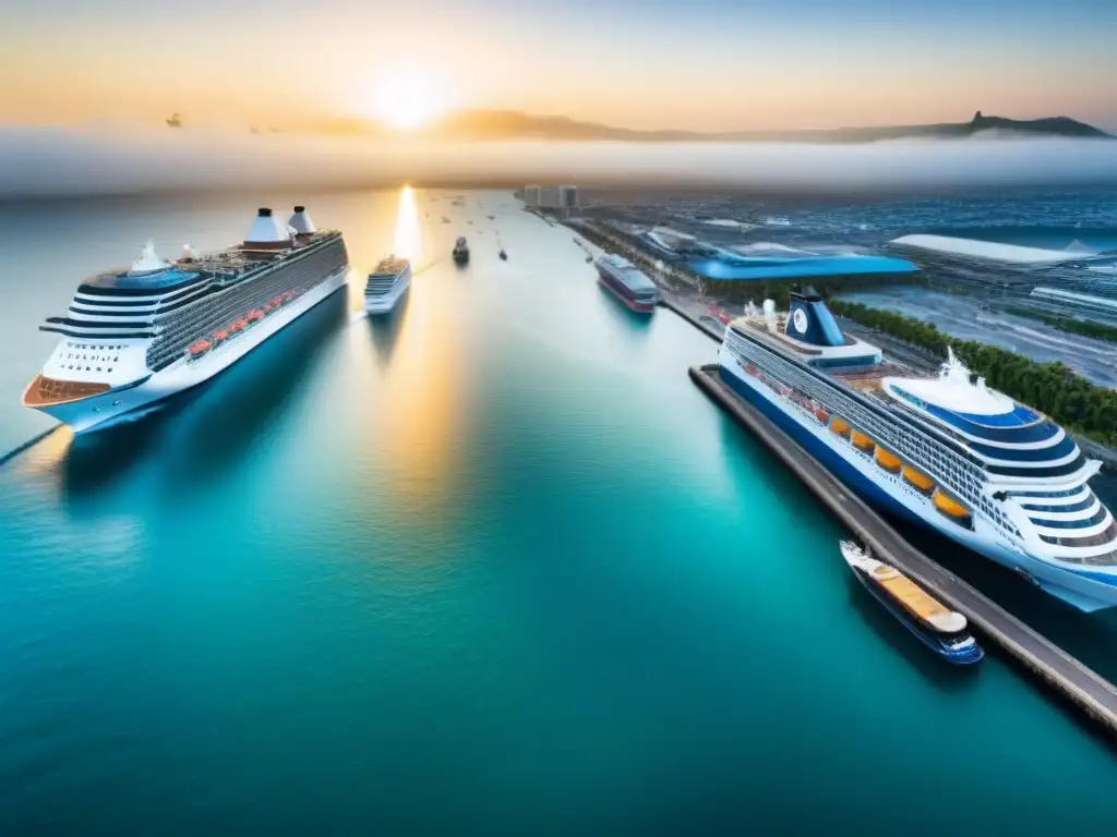 Un puerto de cruceros bullicioso al atardecer, lleno de oportunidades de crecimiento en cruceros