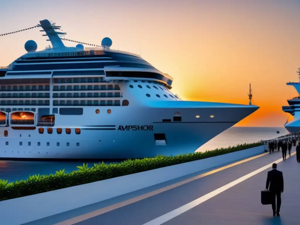 Un puerto de cruceros bullicioso al atardecer, con un barco moderno y personal uniformado