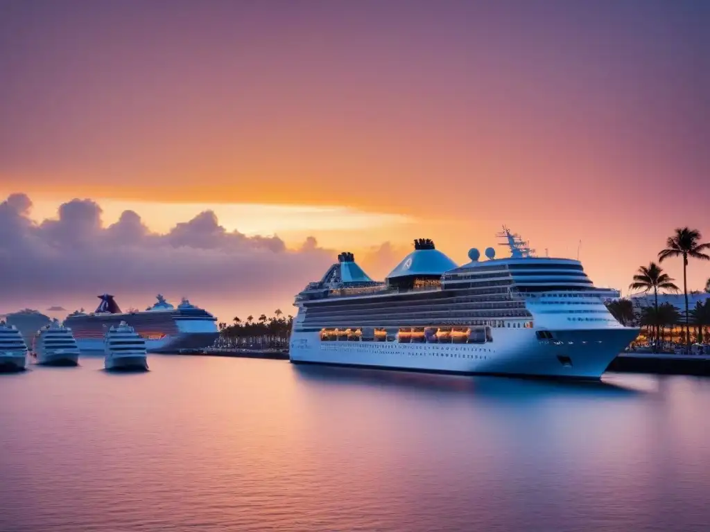 Un puerto de cruceros bullicioso al atardecer con un gran barco rodeado de pequeñas embarcaciones