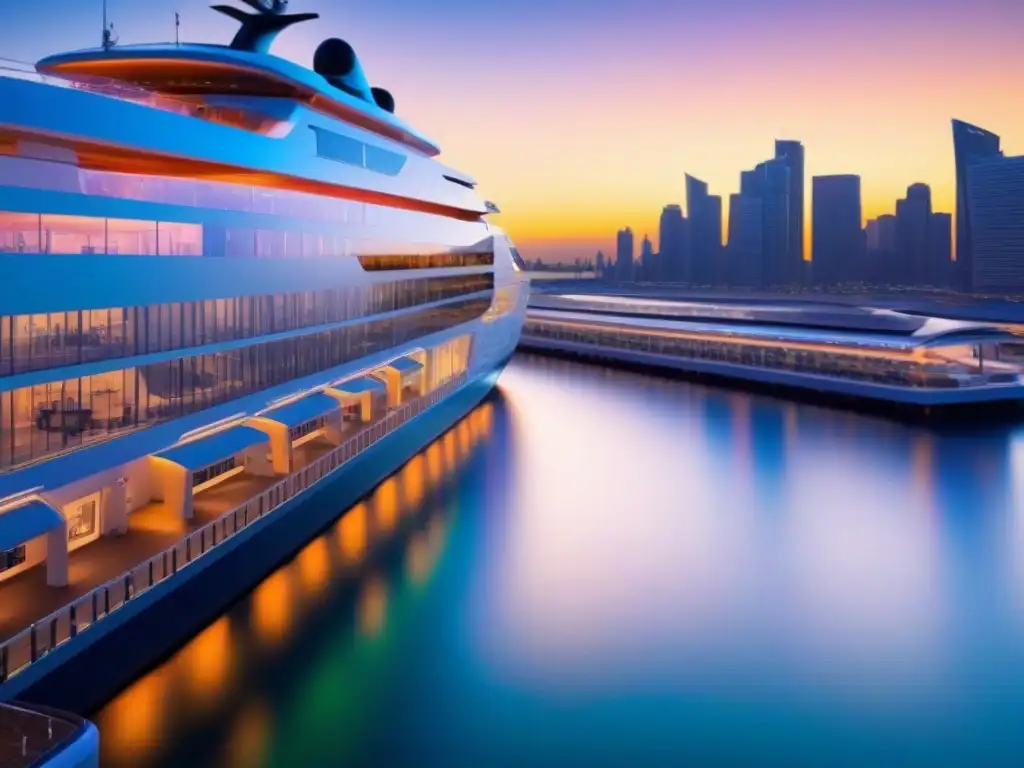 Un puerto de cruceros futurista al atardecer, destacando innovaciones tecnológicas en puertos de cruceros