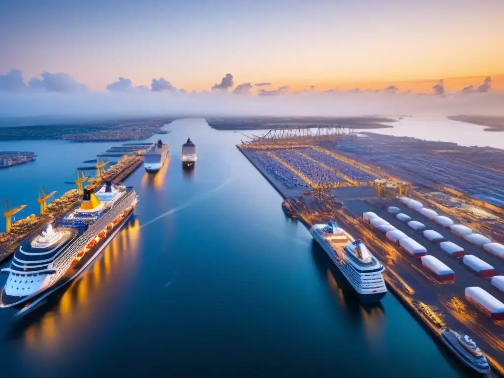 Un puerto de cruceros en plena actividad al atardecer, reflejando un ambiente de logística eficiente y paisaje sereno