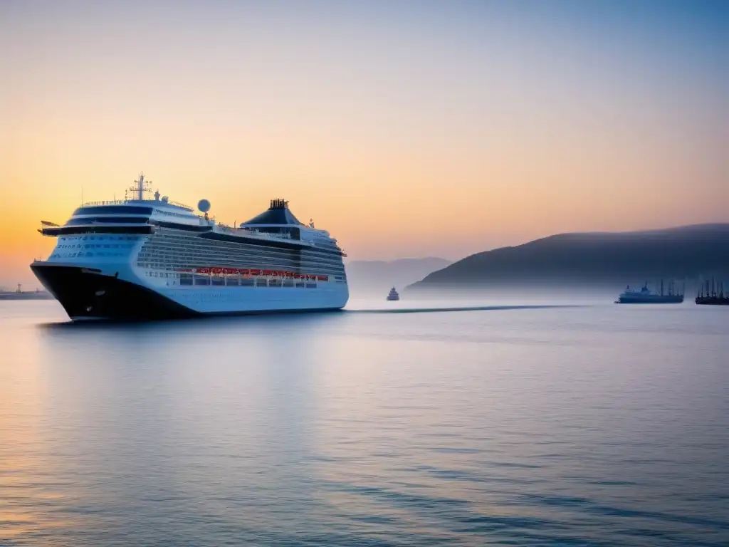 Un puerto desconocido al amanecer con un crucero, reflejando la tranquilidad del momento