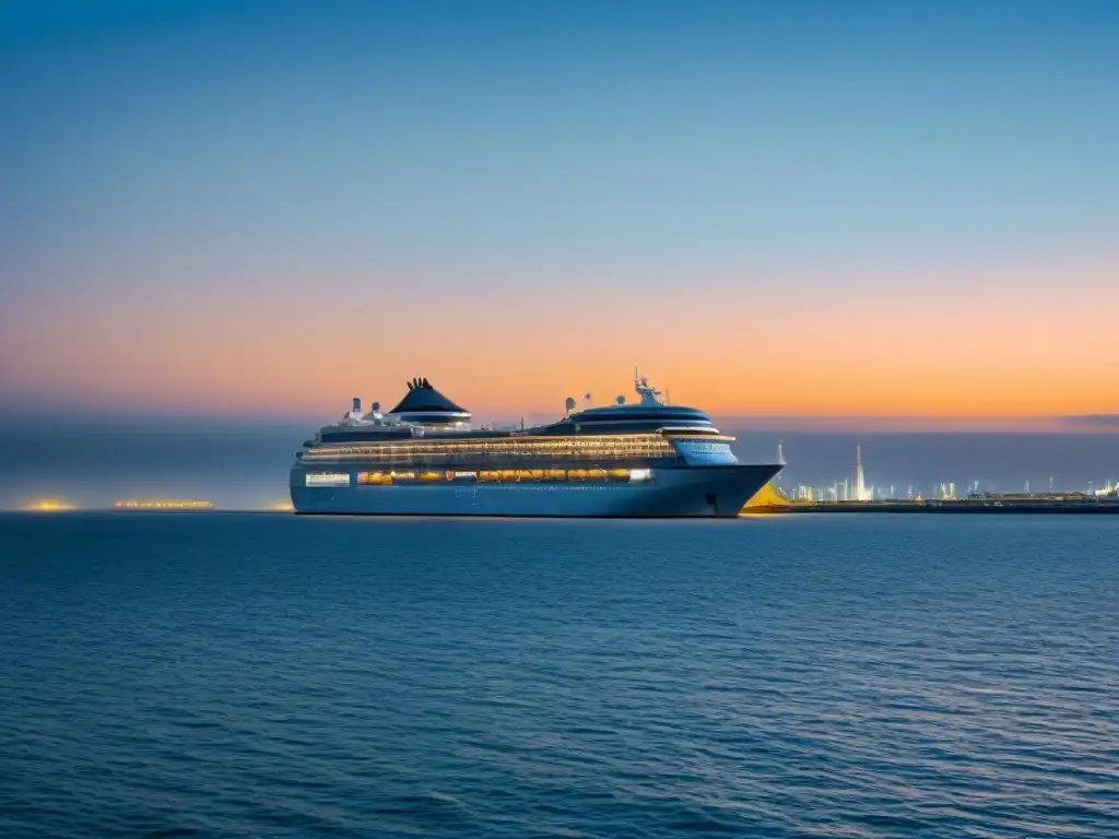 Puerto futurista con cruceros plateados en perfecta alineación bajo un cielo estrellado, iluminado por una luz suave