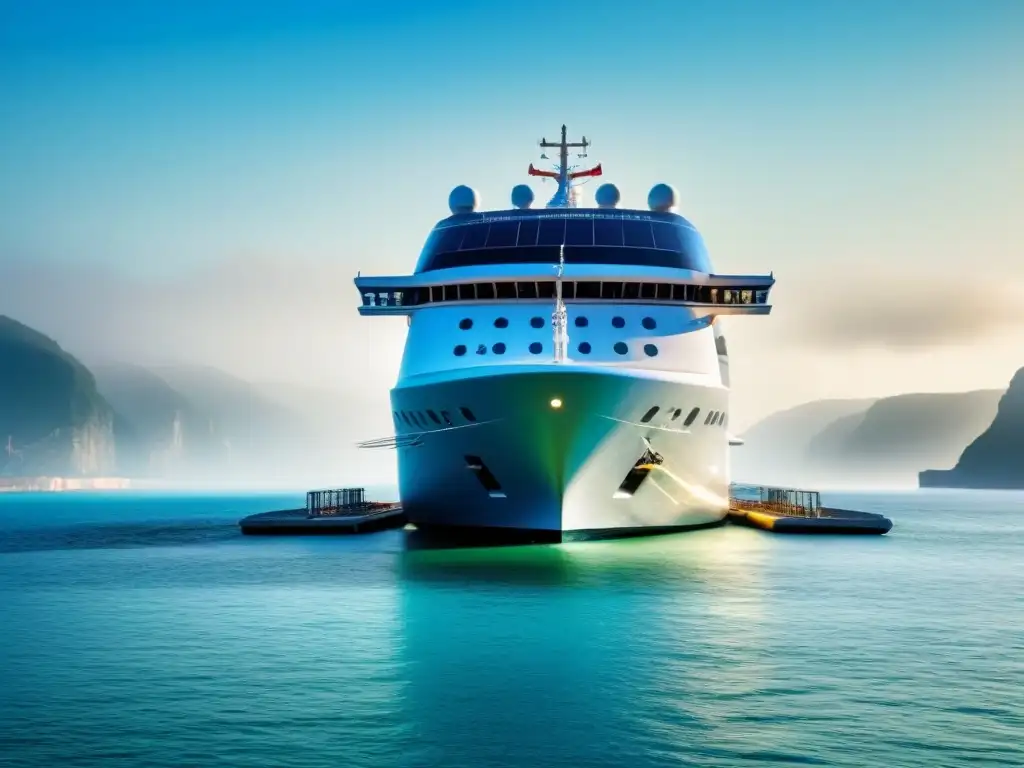 Un puerto futurista con tecnología verde y un crucero moderno en armonía