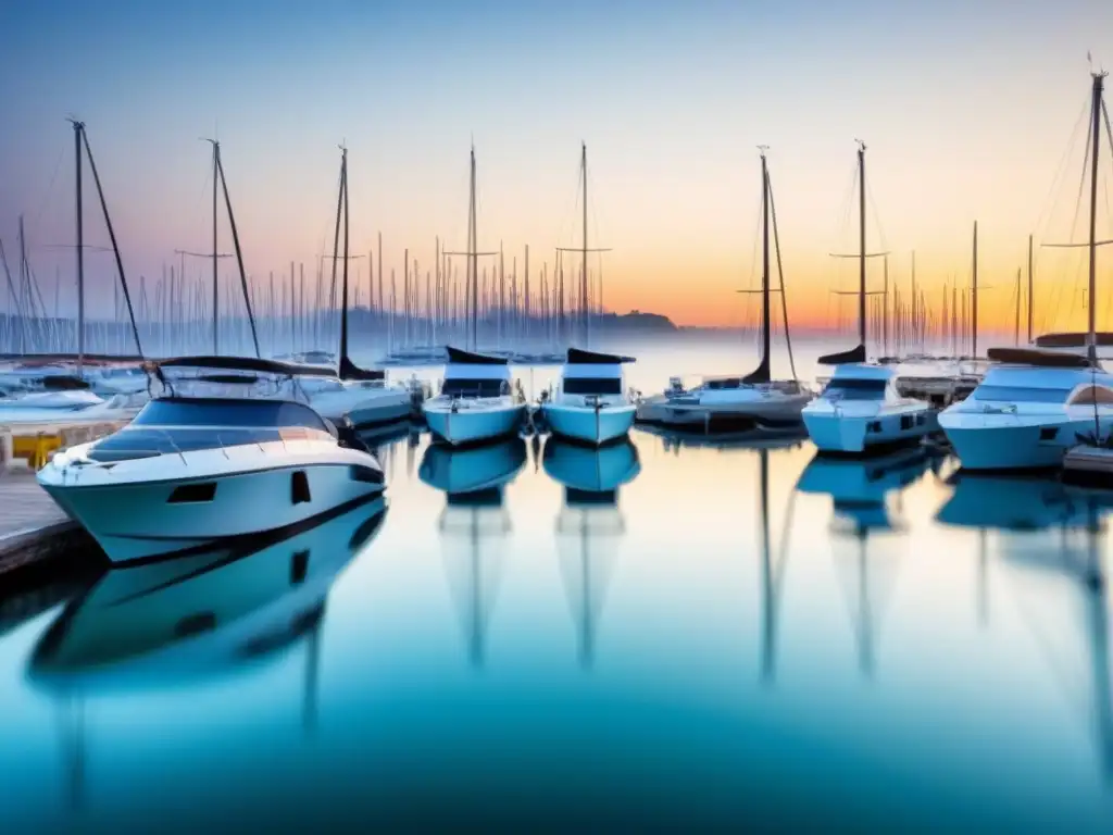 Puerto moderno con barcos elegantes reflejados en agua tranquila