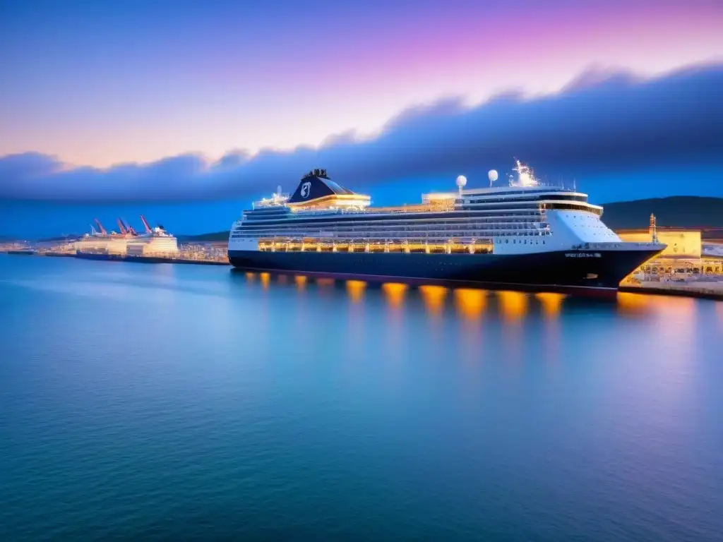 Un puerto moderno y bullicioso al atardecer, con barcos de crucero y cargamentos, reflejando capacidades portuarias para turismo marítimo