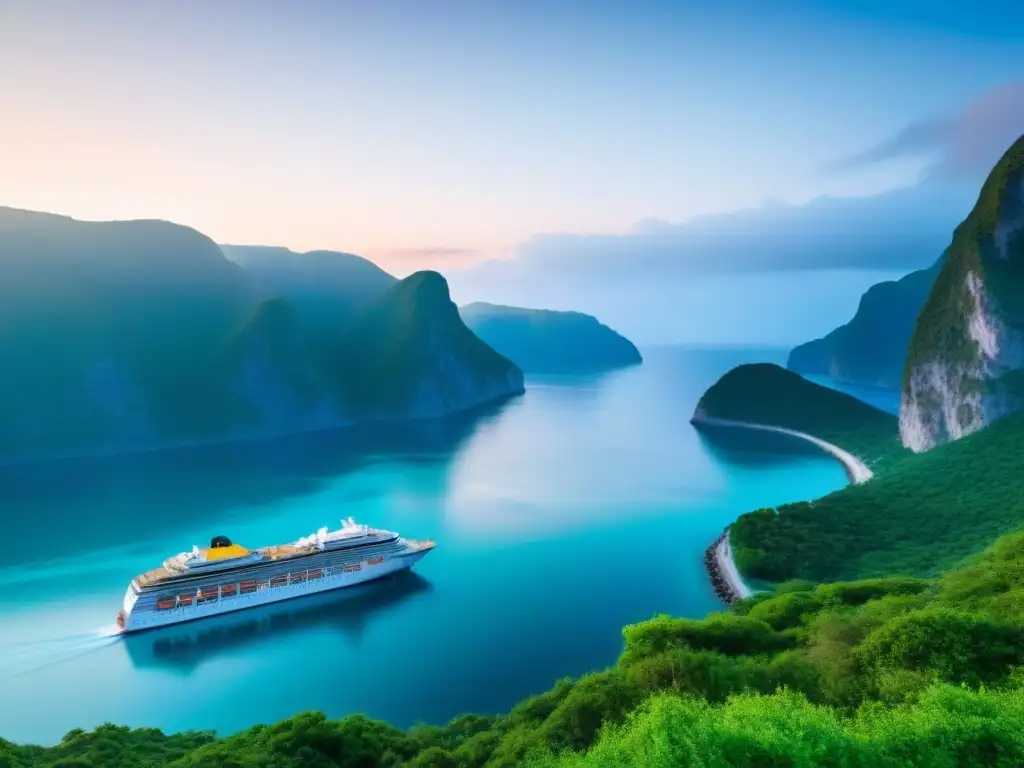 Un puerto oculto al amanecer con un lujoso crucero anclado en aguas tranquilas