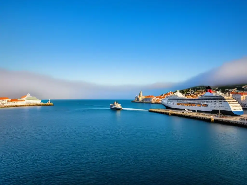 Un puerto pequeño bullicioso con cruceros y edificios encantadores, bajo cielos azules