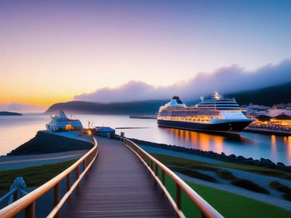 Un puerto sereno al atardecer con un crucero moderno, reflejos en el agua y una animada ciudad costera