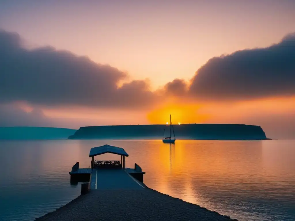 Un puerto tranquilo al atardecer, reflejando colores cálidos en el mar