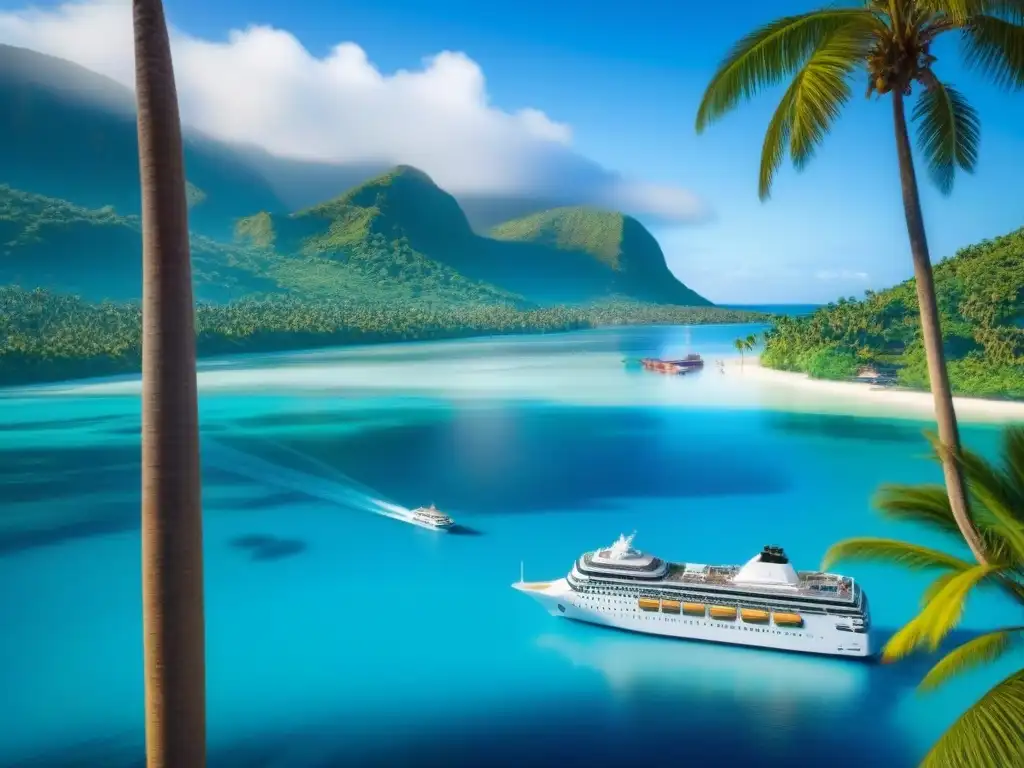 Un puerto tropical con un crucero y artesanías locales, reflejando una escena armoniosa