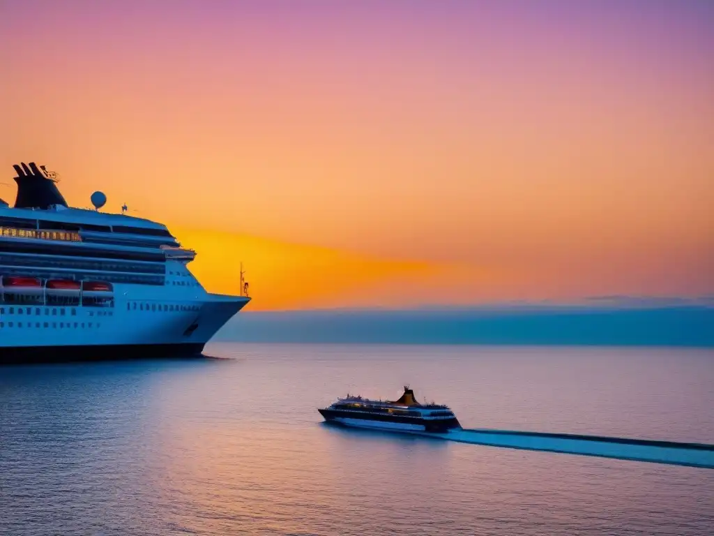 Puesta de sol colorida sobre el mar, con un crucero al fondo