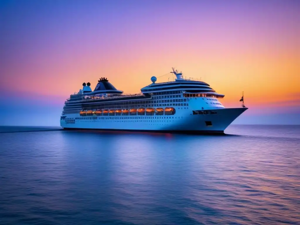 Crucero de lujo al atardecer: serenidad y elegancia Puesta de sol en crucero, reflejos naranjas y rosados en el agua tranquila