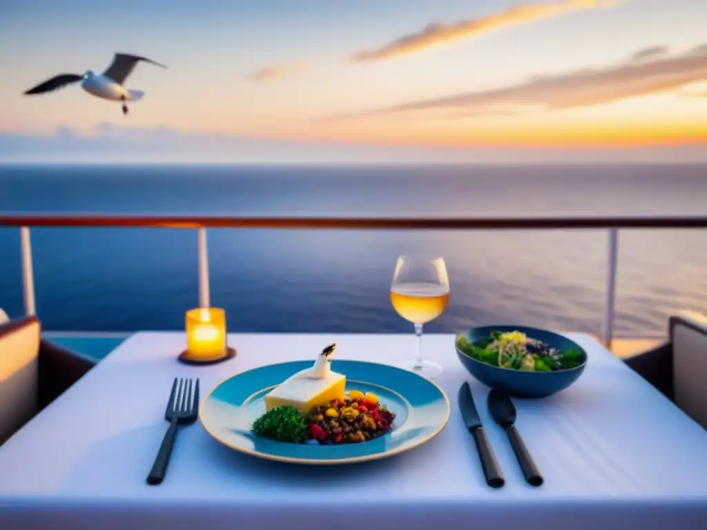 Puesta de sol en crucero: vista al mar sereno con comida consciente en mesa elegante y gaviota