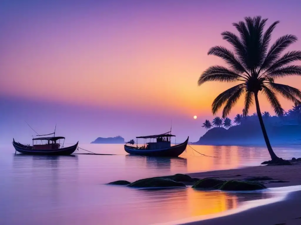 Puesta de sol en un pueblo costero: barcos, palmeras y tranquilidad