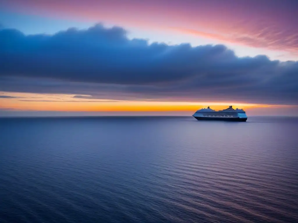 Puesta de sol serena sobre el mar con un crucero en silueta