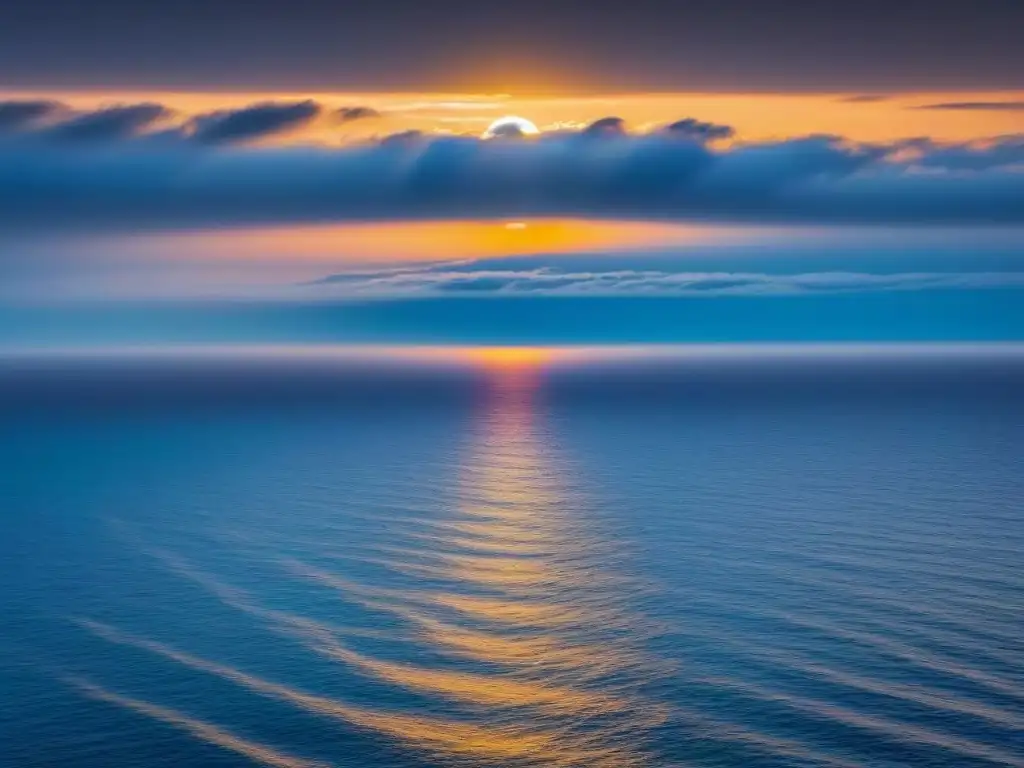 Puesta de sol en el océano: horizonte sereno, aguas calmadas reflejando tonos dorados del sol