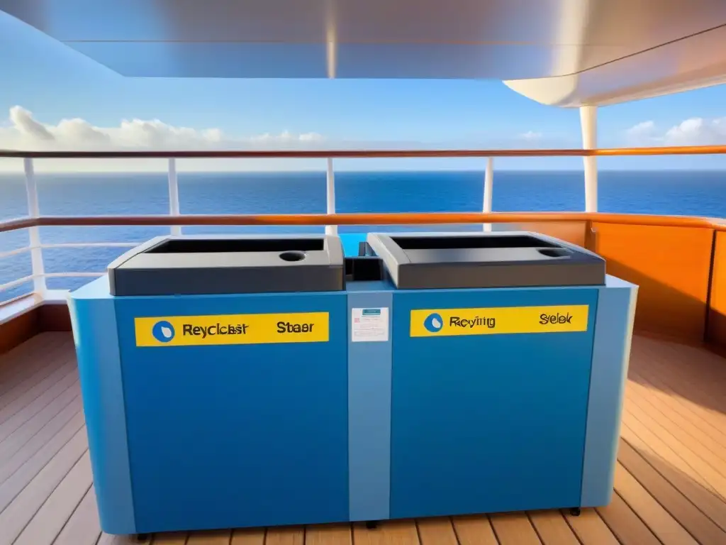 Un punto de reciclaje en un crucero con vista al mar, pasajeros depositando residuos