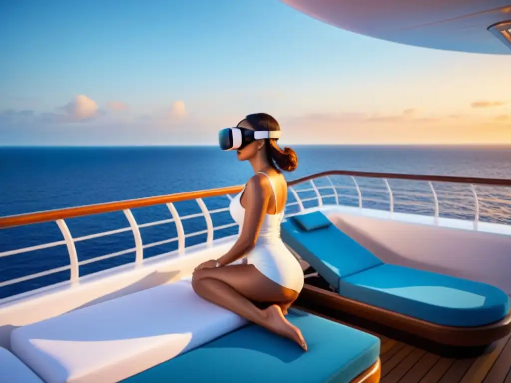 Realidad virtual en cruceros de lujo: atardecer dorado en cubierta con moderno visor VR en una tumbona frente al mar