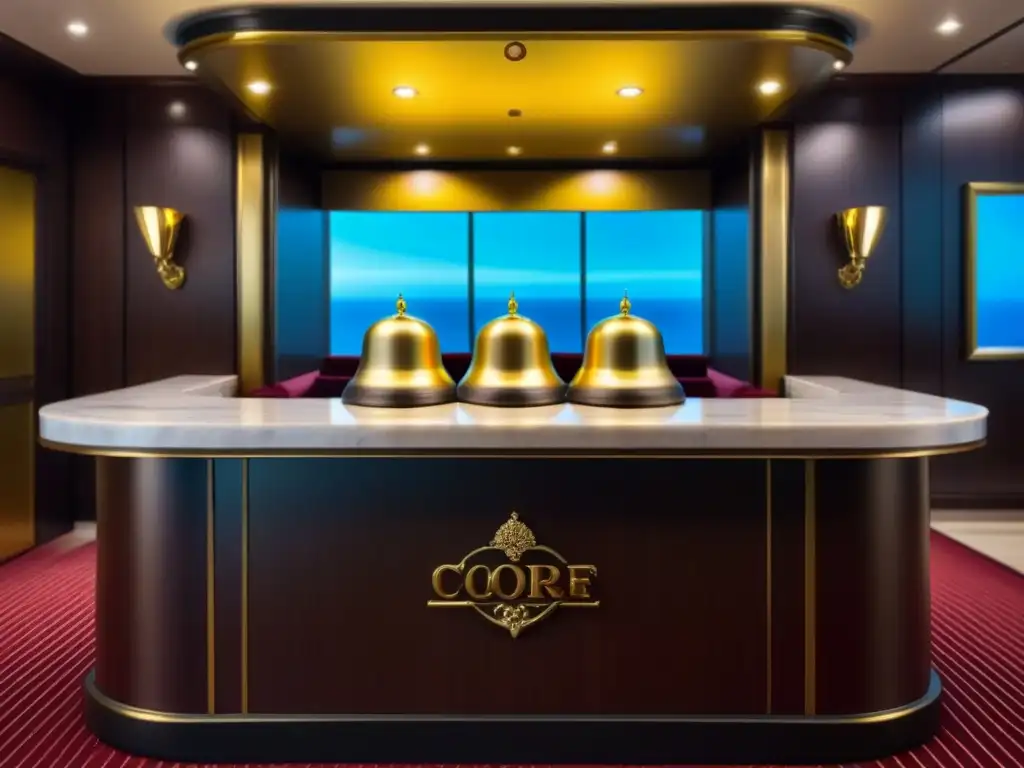 Recepción de servicios concierge en crucero de lujo, con elegantes detalles en oro y mármol, evocando exclusividad y lujo