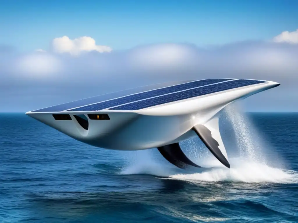 Reciclaje en alta mar ecoinnovación: Un barco futurista reciclando con delfines saltando en el mar