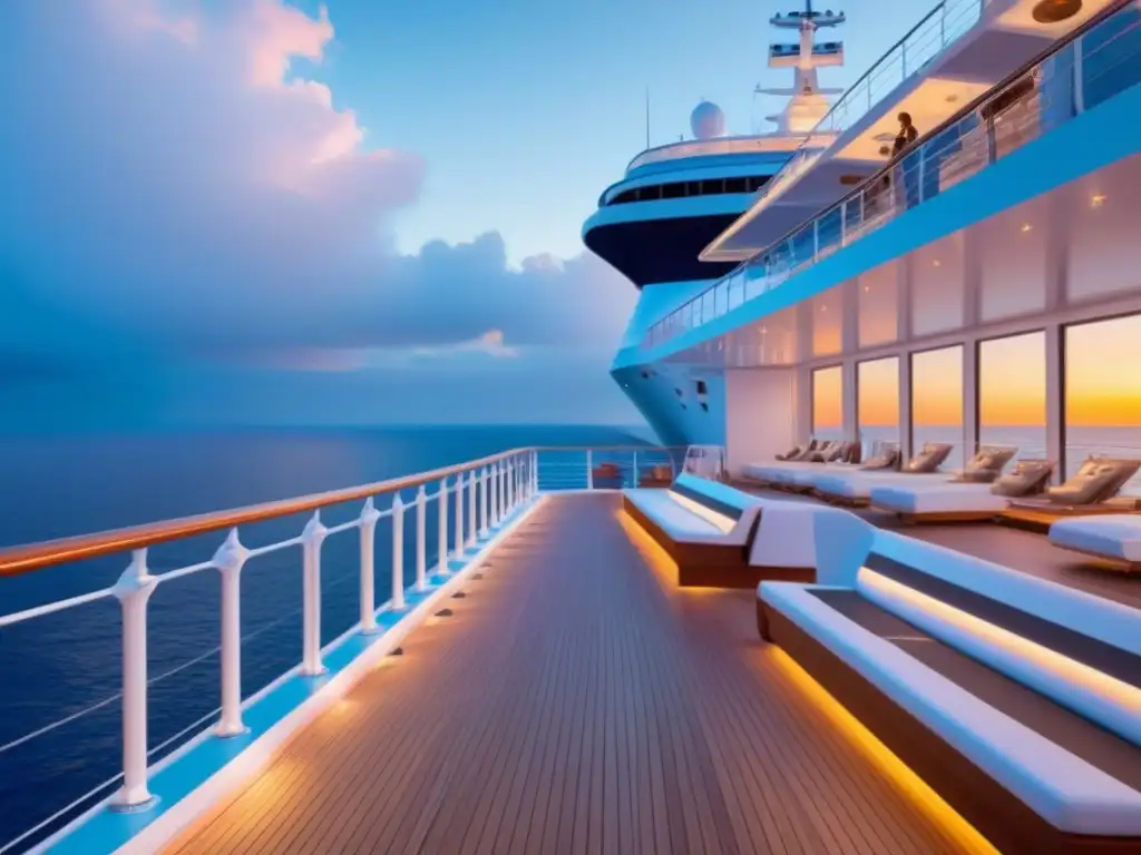 Atardecer sereno en cubierta de crucero: diseño minimalista y tranquilidad Rediseño de espacios en cruceros para control de multitudes, con diseño minimalista y serenidad al atardecer