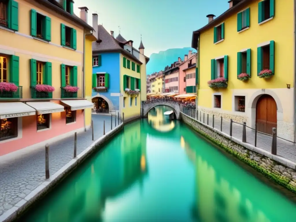 Reflejo sereno de Annecy, Francia, con sus edificios pastel en canales