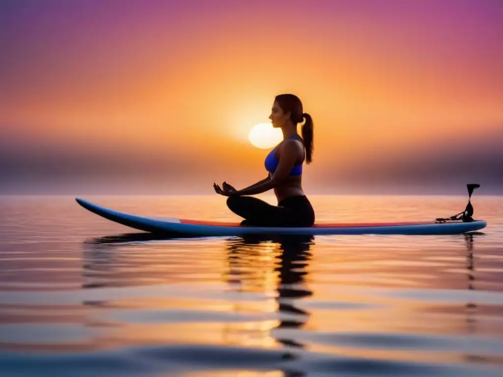 Yoga en paddleboard al amanecer, reflejos del cielo en calma