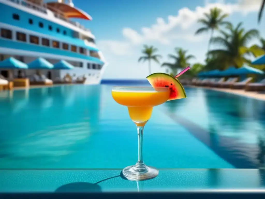 Refrescante bebida tropical en el borde de la piscina de un crucero de lujo, bajo un cielo azul y aguas turquesas