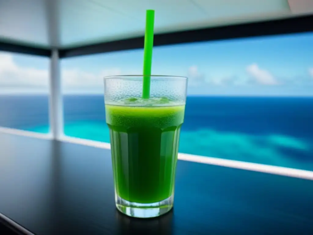 Un refrescante zumo detox verde en vaso moderno, con condensación, frente a un mar y un crucero