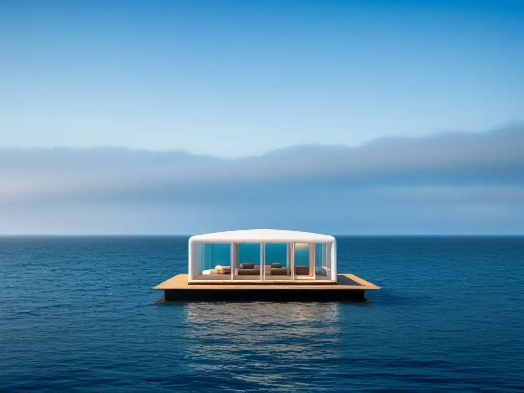 Refugio flotante moderno en aguas tranquilas, rodeado de un océano sereno y cielo azul