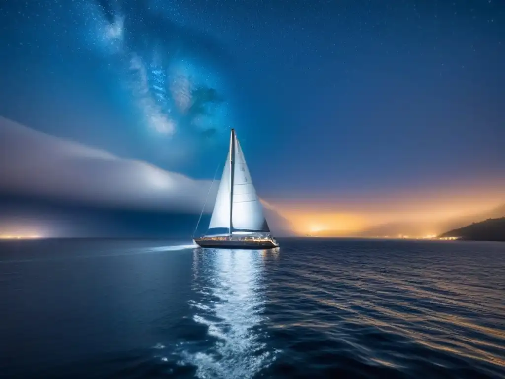 Regatas nocturnas en cruceros: Velero moderno surcando aguas oscuras bajo un cielo estrellado, iluminado por la luz de la luna