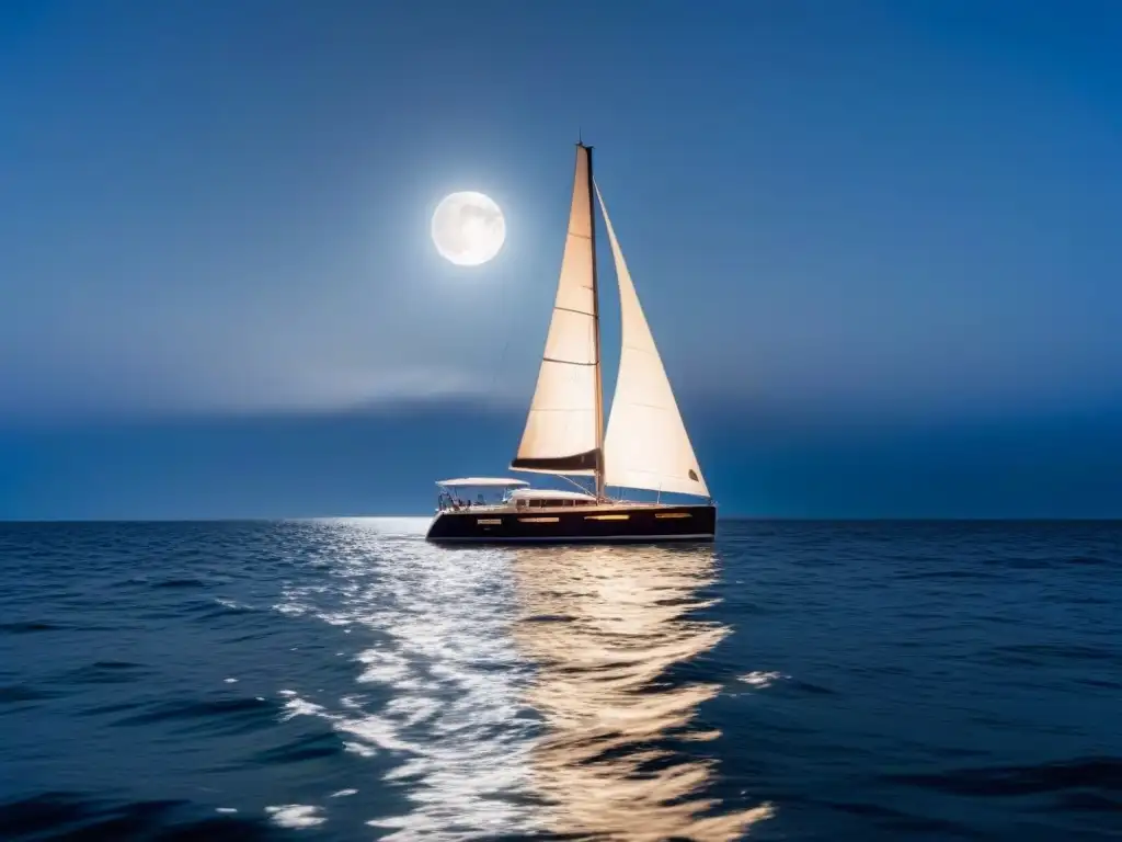 Regatas nocturnas en cruceros: Velero moderno surca tranquilas aguas bajo un cielo estrellado con la luna brillante