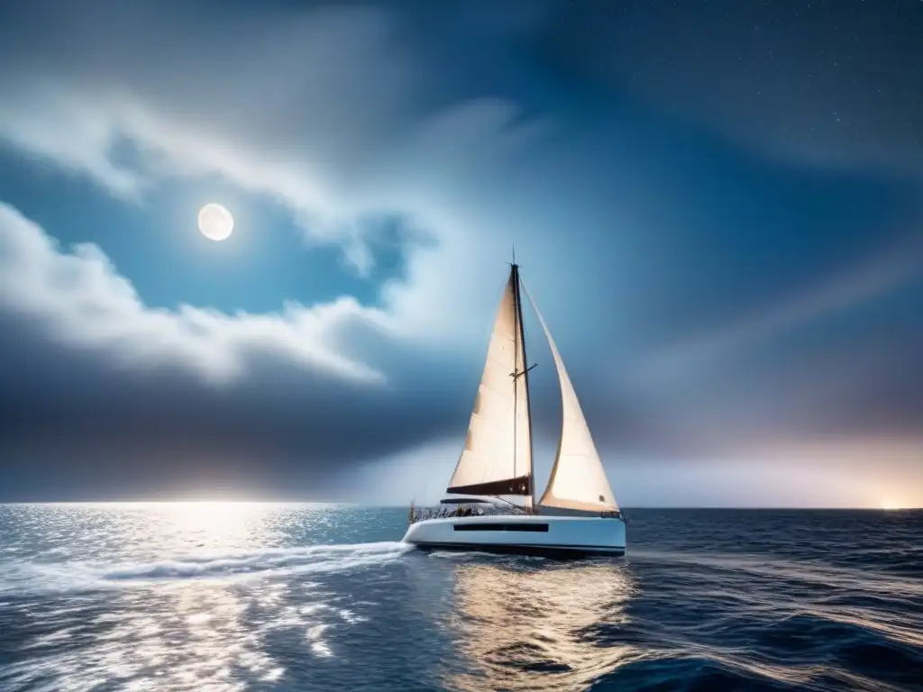 Regatas nocturnas en cruceros: un velero elegante navega suavemente bajo un cielo estrellado y la luz de la luna entre nubes