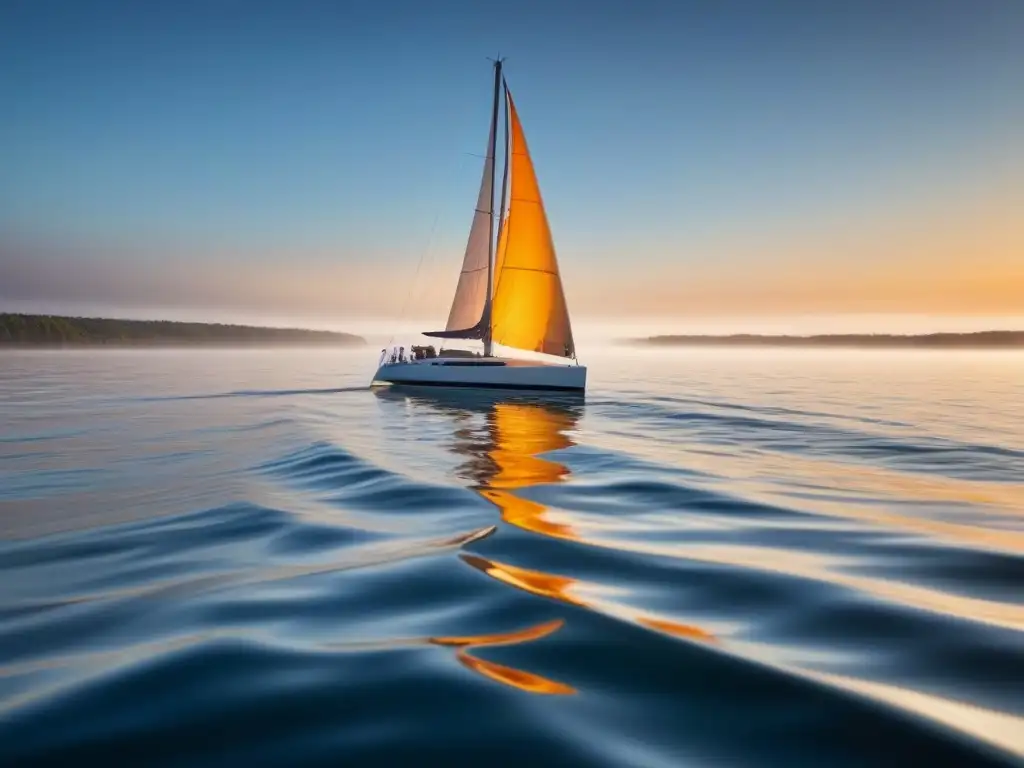 Regatas de veleros participativas: Un velero elegante surca aguas tranquilas al atardecer, bañado por la cálida luz dorada del sol