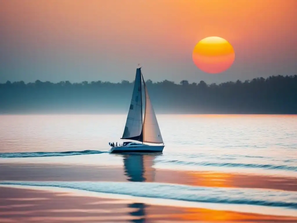 Regatas de veleros participativas: Un velero elegante navegando al atardecer en aguas tranquilas con una cálida luz anaranjada