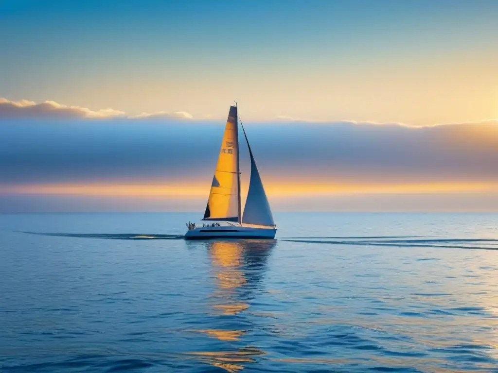 Regatas de veleros participativas: un velero elegante navegando con gracia en aguas tranquilas al atardecer, bajo una luz dorada y serena