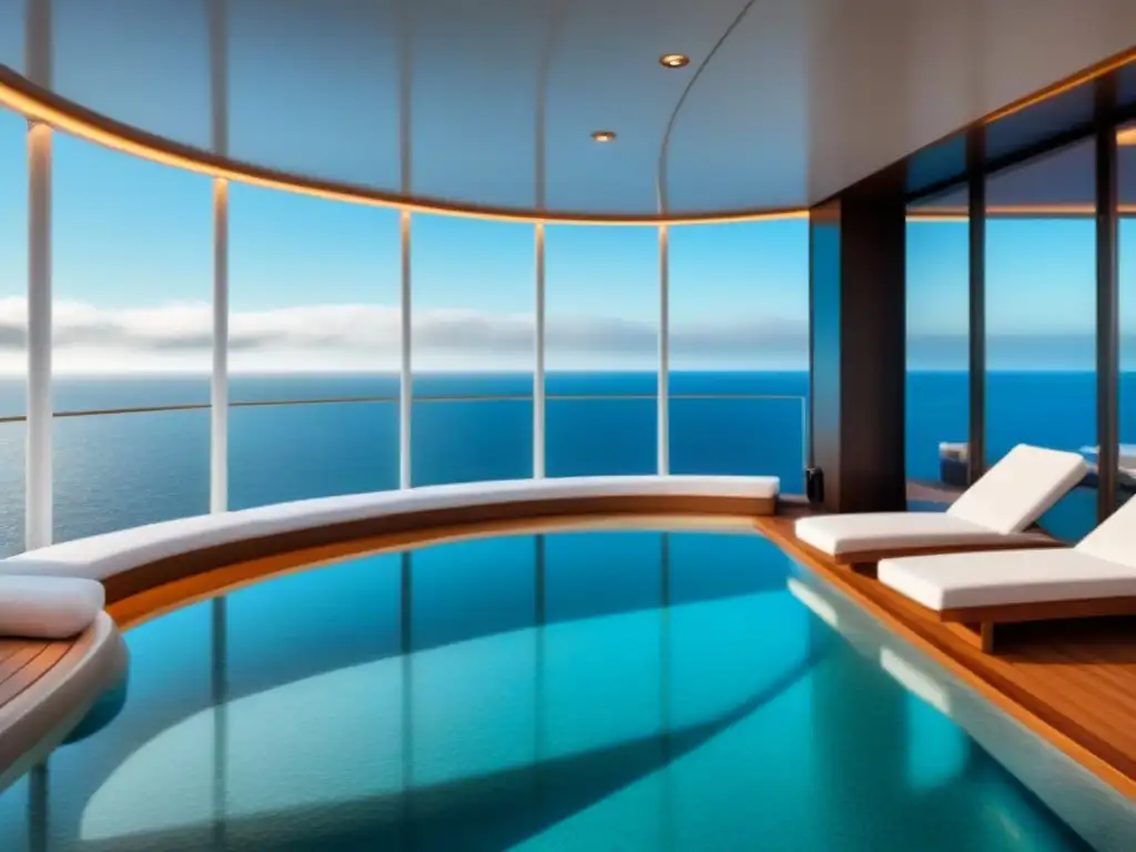 Relajante spa en crucero de diseño moderno con vistas al mar, decoración minimalista y elegante