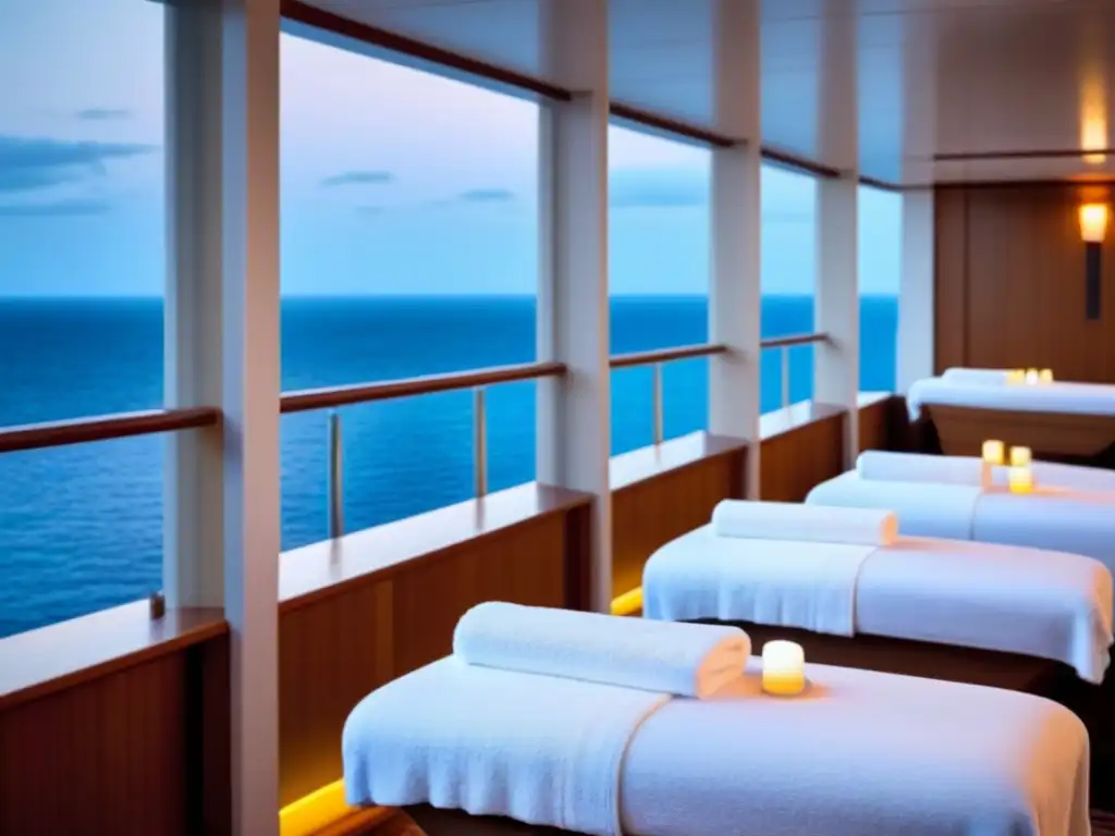 Relajante spa en crucero: toallas blancas, mesas de masajes vacías y vista al mar