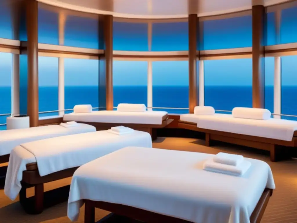 Relajante spa de lujo en crucero marítimo con elegantes batas blancas y mesas de masaje, con vista al mar