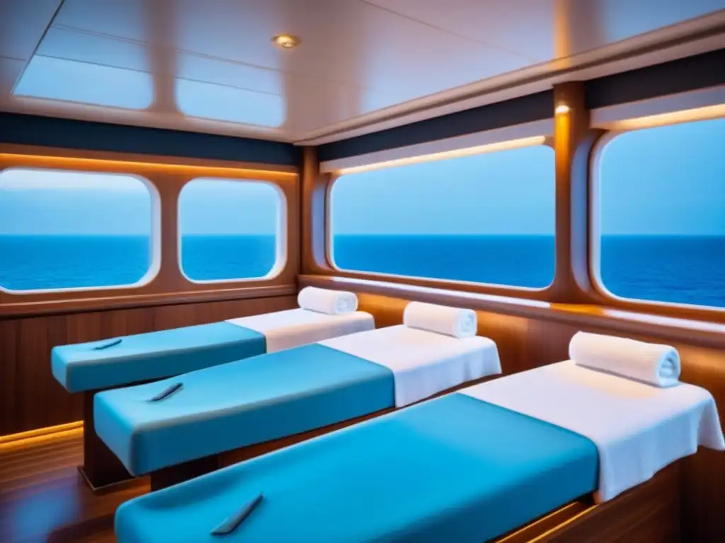 Relax en spa de lujo en crucero, con decoración minimalista en tonos neutros y camas de masaje