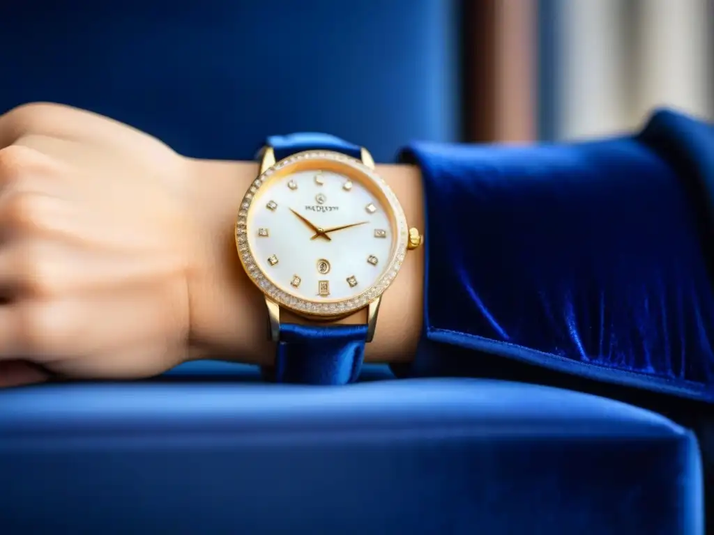 Un reloj blanco y dorado con diamantes sobre cojín azul, marca las 10:10