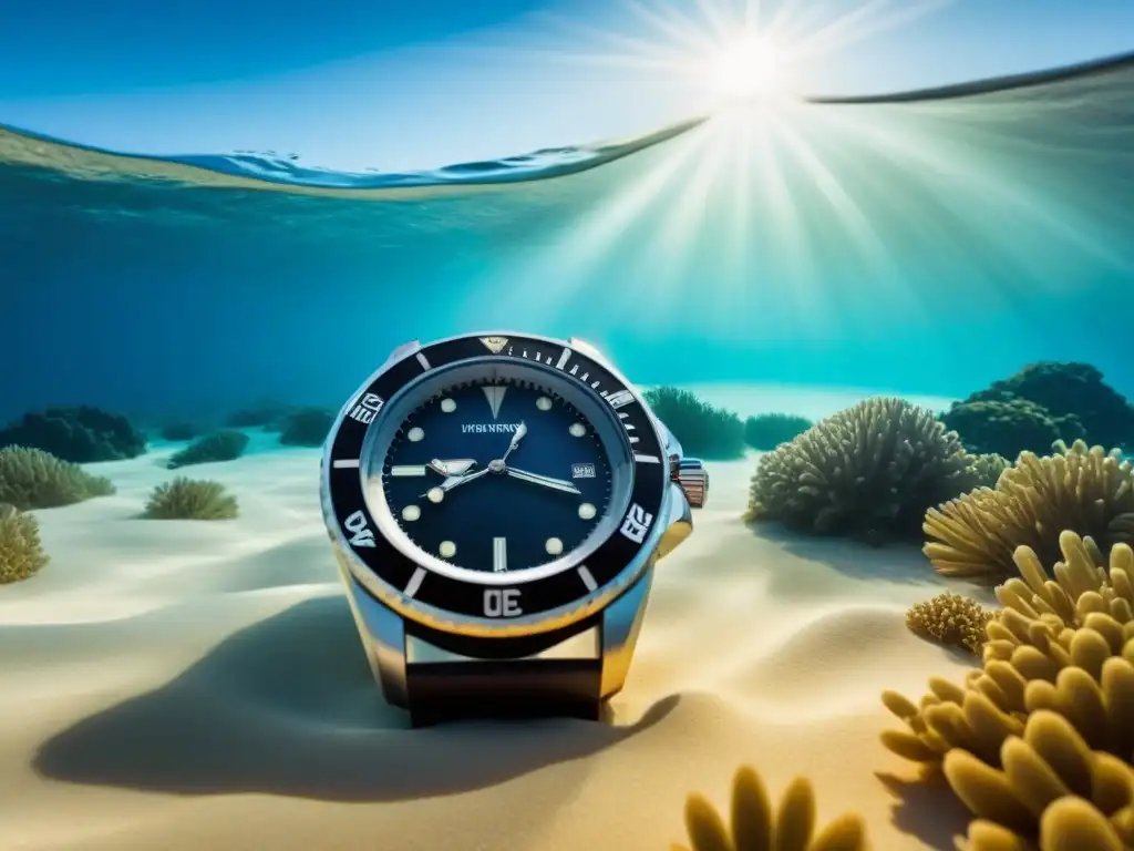 Reloj de buceo con diseño minimalista, manos luminiscentes, sumergido en el profundo océano azul con rayos de sol