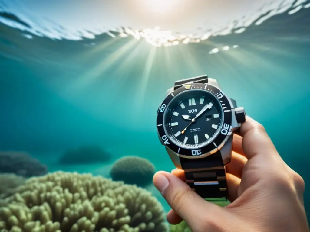 Un reloj de buceo futurista sobre aguas cristalinas, reflejando innovación